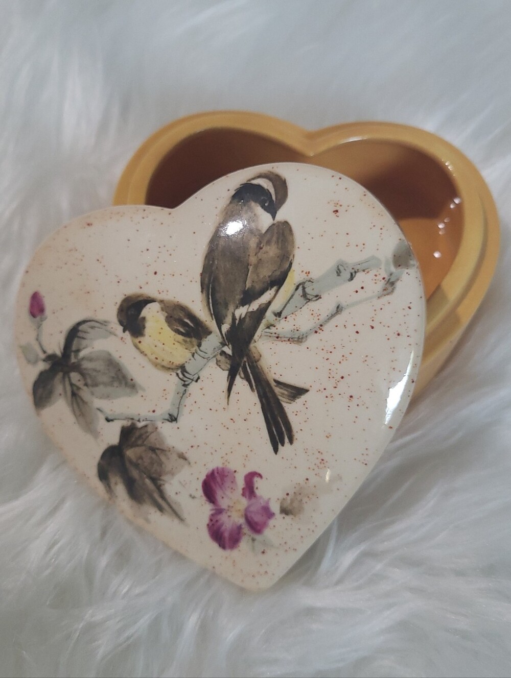 Heart Shaped Ceramic Trinket Jewelry Box Floral Birds